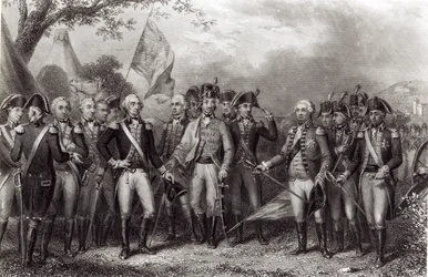 Die Briten übergeben ihre Waffen an General Washington, 19. Oktober 1781, graviert von J. Stephenson